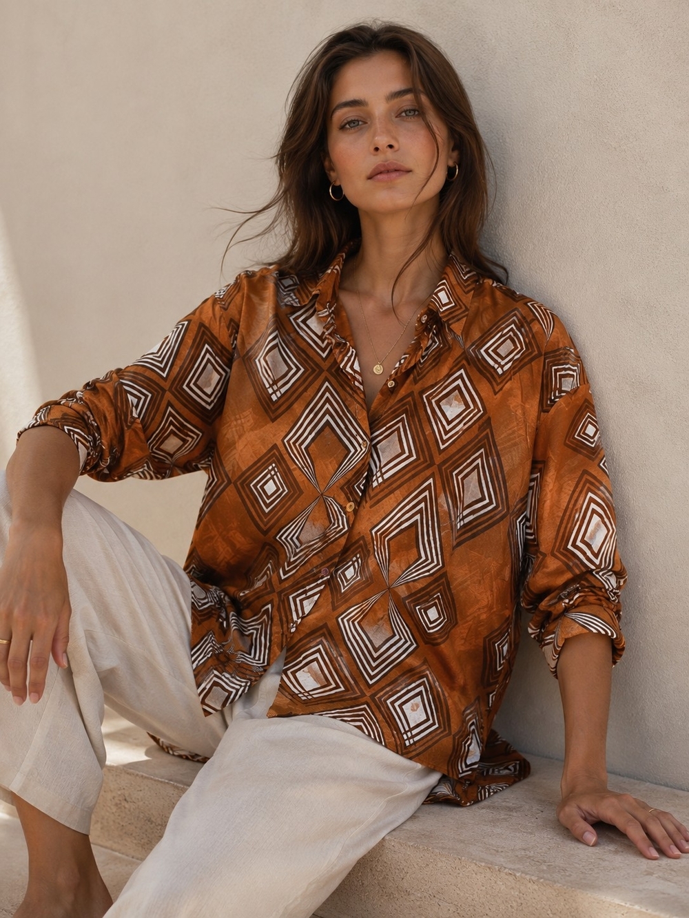 NIŪ Geometric Print Orange Cotton women Shirt Long-sleeve Costal Resortwear Luxe
